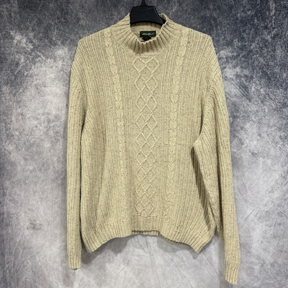 Eddie Bauer Men’s Large Cable Knit Mock Neck Sweater Beige Tan Fisherman